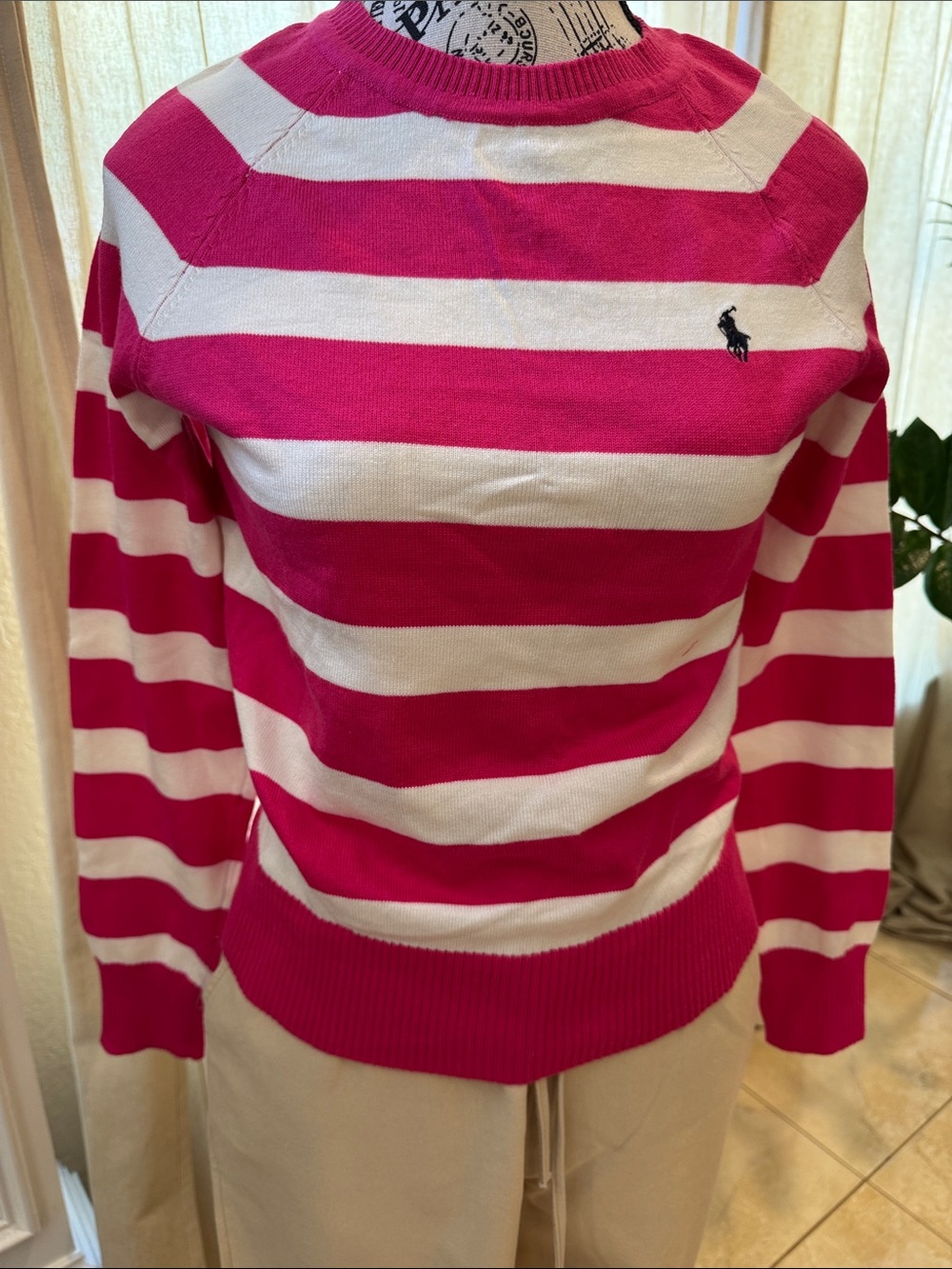 Ralph Lauren Bright Pink & White Striped Crewneck Sweater